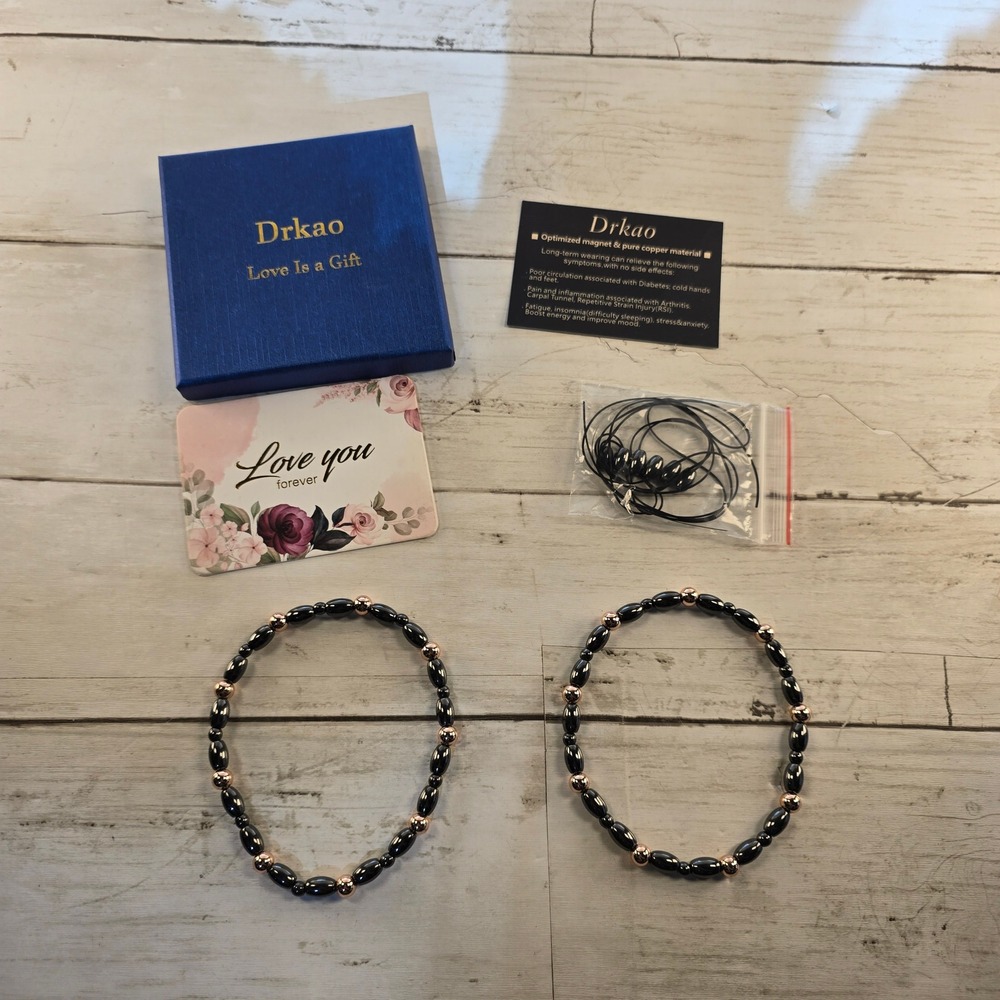 NEW Drkao Health Magnetic Hematite & Pure Copper Bead Bracelet Set 2pc Rose Gold